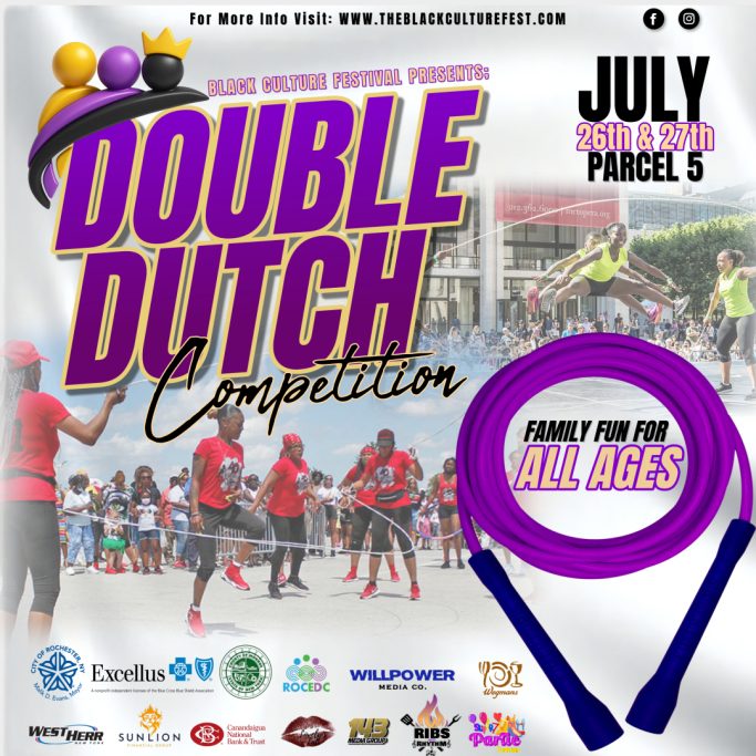 Promotional poster for a Double Dutch competition on July 5, suitable for all ages.